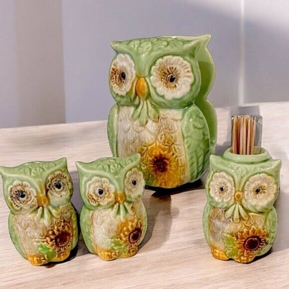 Owl Ceramic Kitchen Set Functional Hand Painted Art Green Yellow Sunflower 4 PC - Picture 15 of 15